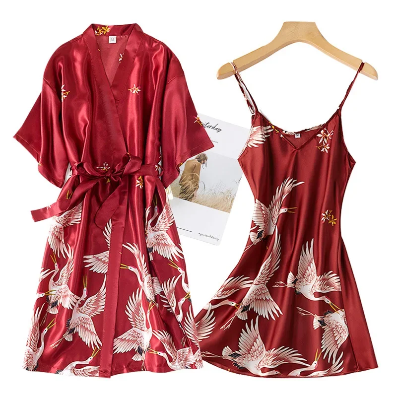 Robe Silk Women - Burgundy Women 2PCS Faux Silk Kimono