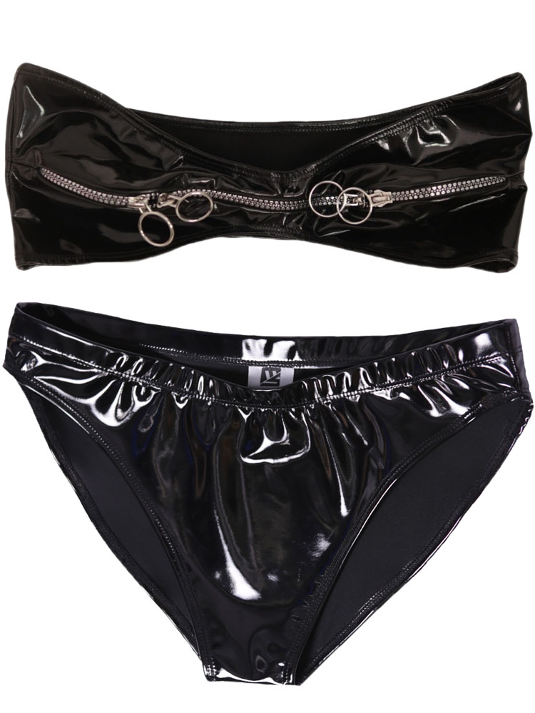 Thong Bikini Women - Wet Look PVC Outfit Zipper Bustier